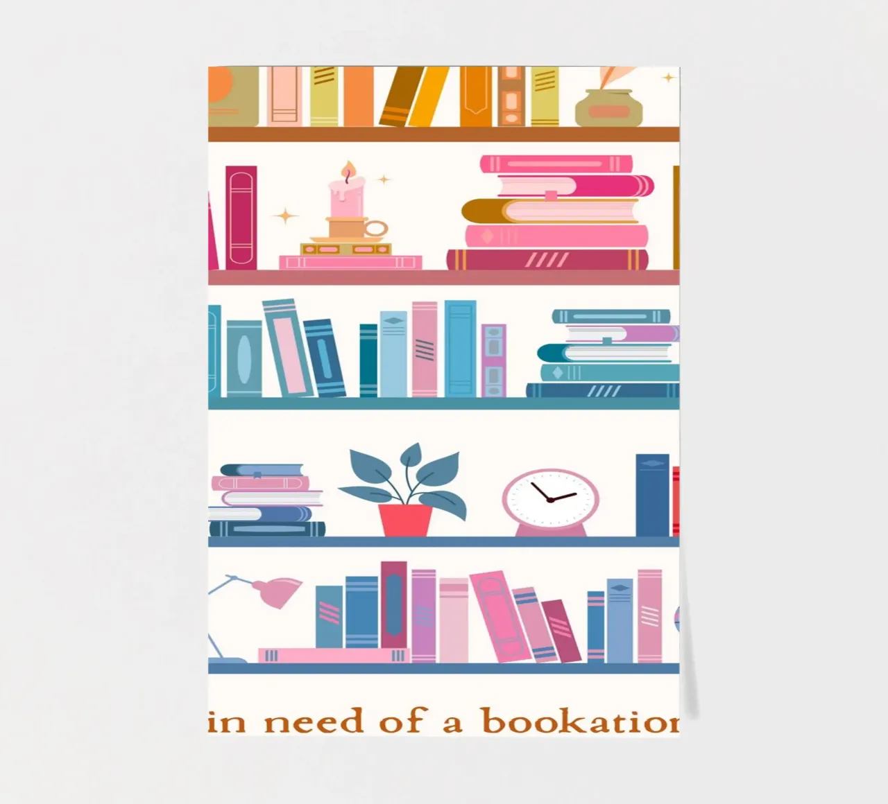 "In Need of a Bookation" - Colorful Bookshelf Art Print sticker sheet by vintagepod