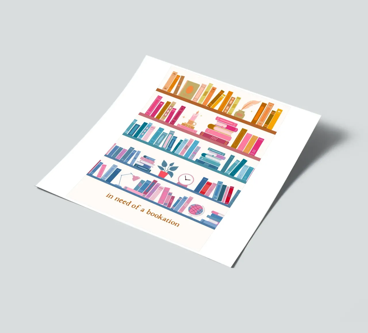 "In Need of a Bookation" - Colorful Bookshelf Art Print sticker sheet by vintagepod