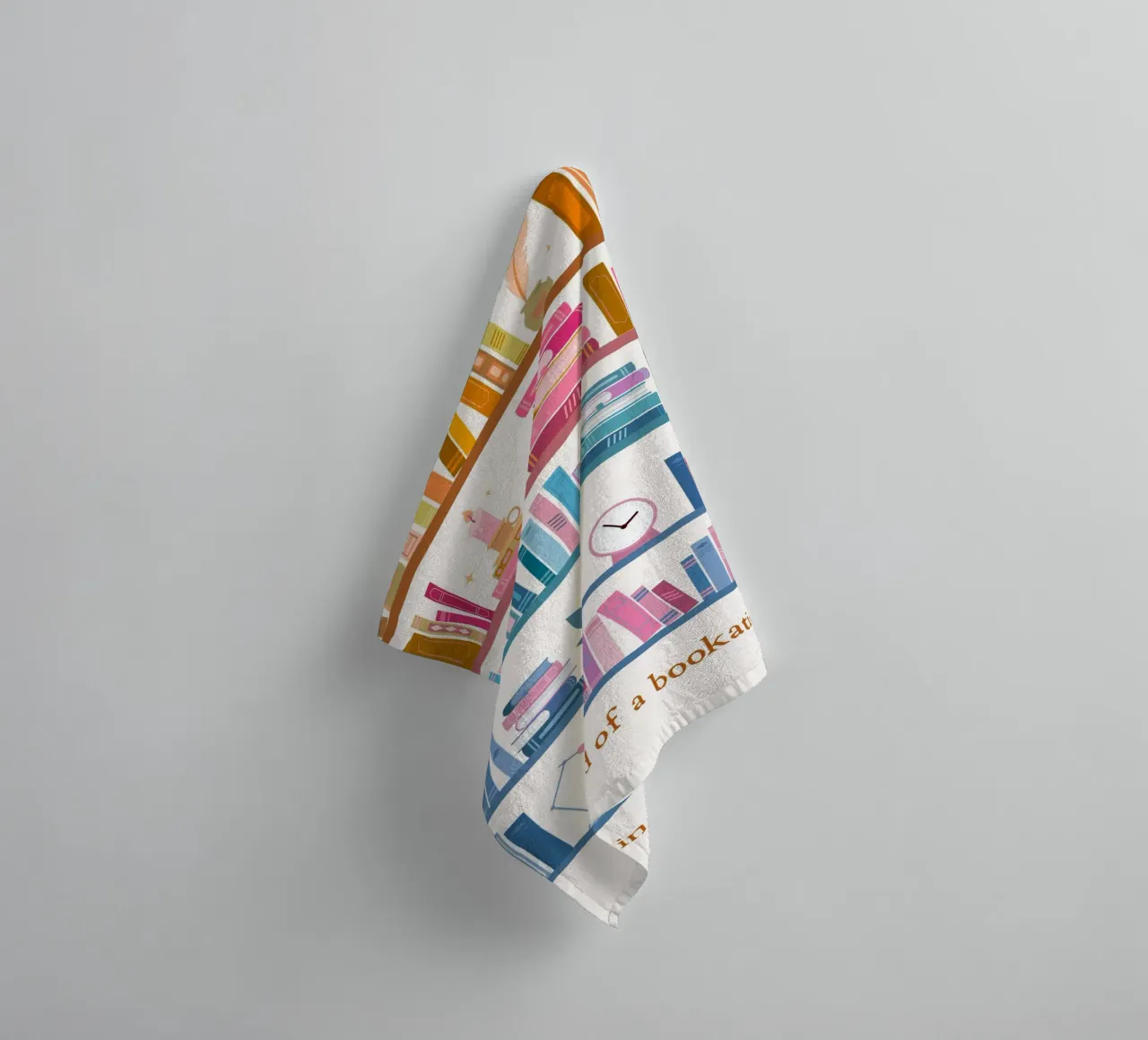 "In Need of a Bookation" - Colorful Bookshelf Art Print towel by vintagepod