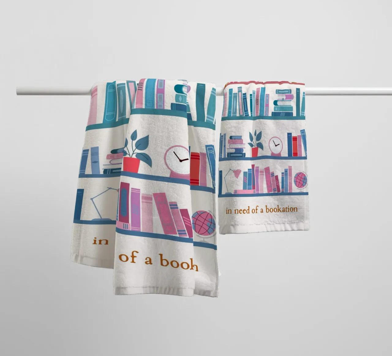 "In Need of a Bookation" - Colorful Bookshelf Art Print towel by vintagepod