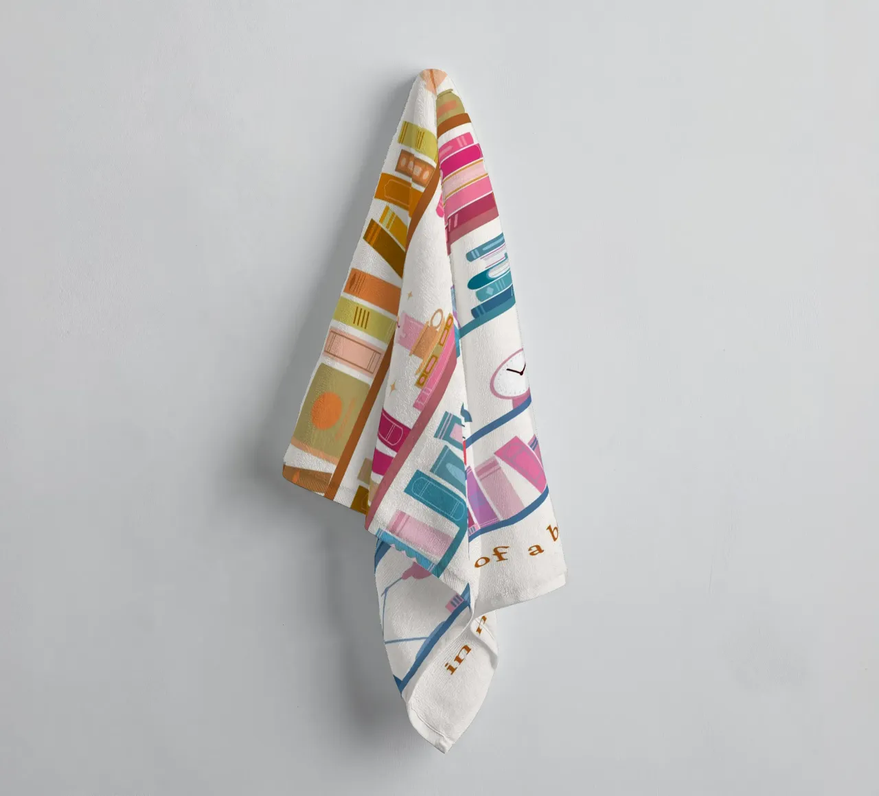 "In Need of a Bookation" - Colorful Bookshelf Art Print towel by vintagepod