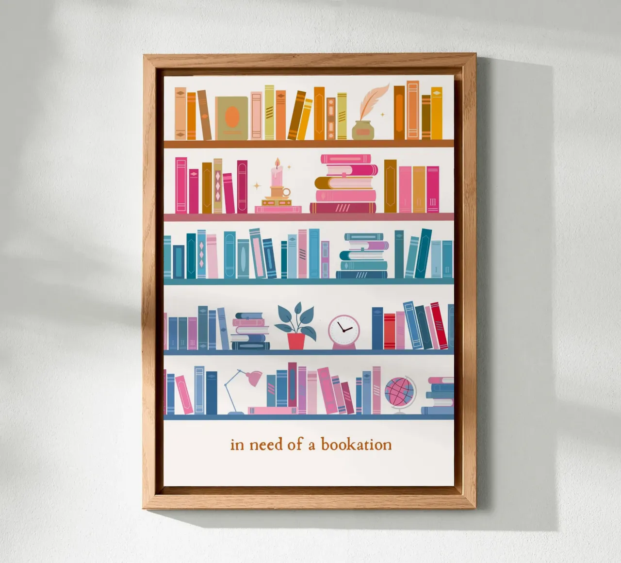 "In Need of a Bookation" - Colorful Bookshelf Art Print alu-dibond by vintagepod