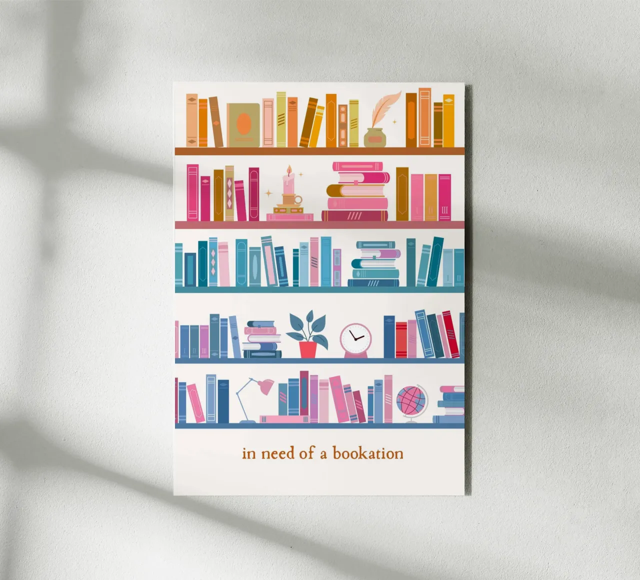 "In Need of a Bookation" - Colorful Bookshelf Art Print alu-dibond by vintagepod