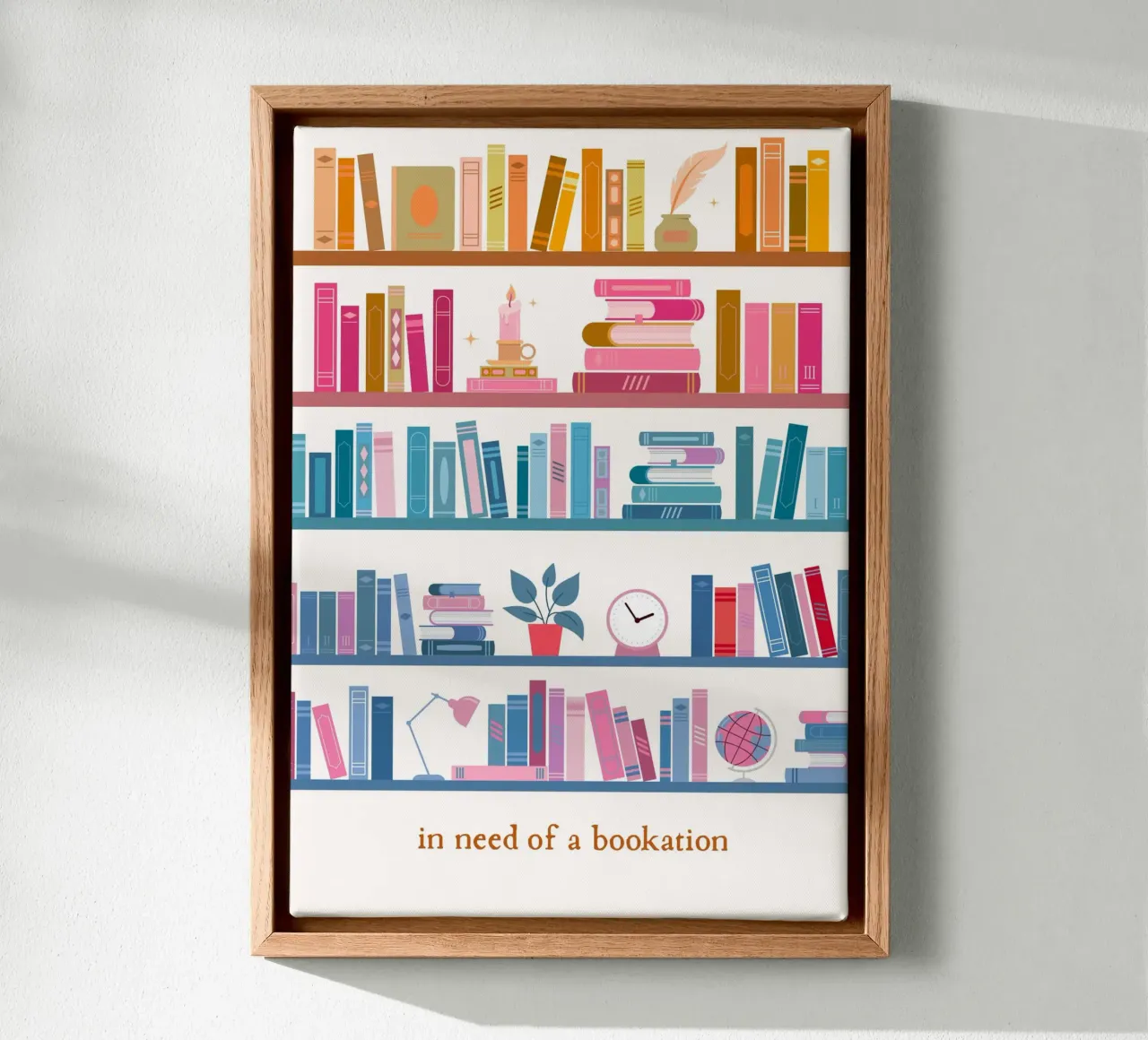 "In Need of a Bookation" - Colorful Bookshelf Art Print canvas by vintagepod