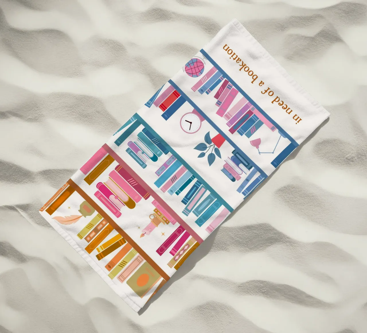 "In Need of a Bookation" - Colorful Bookshelf Art Print beach towel by vintagepod