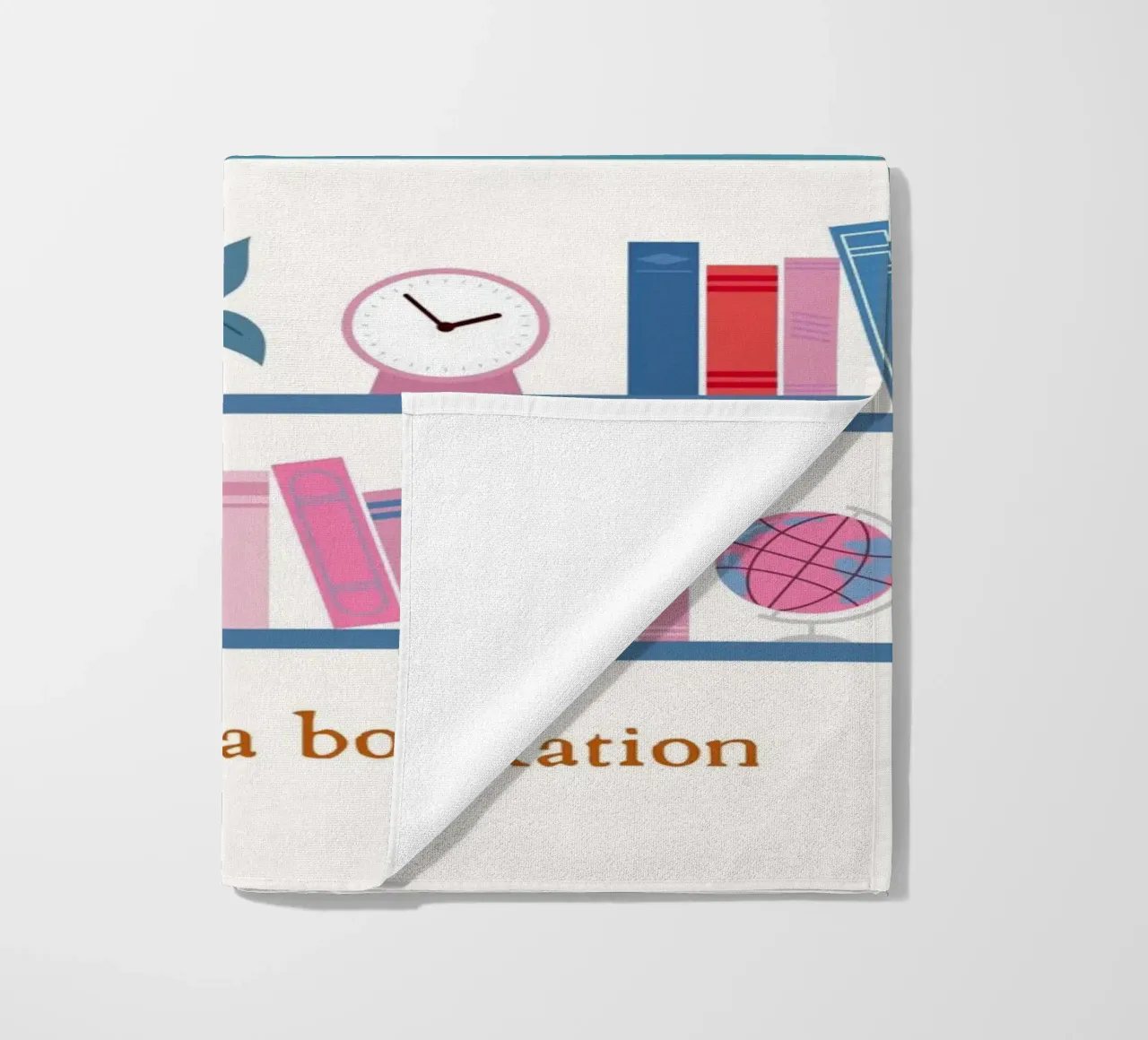 "In Need of a Bookation" - Colorful Bookshelf Art Print beach towel by vintagepod