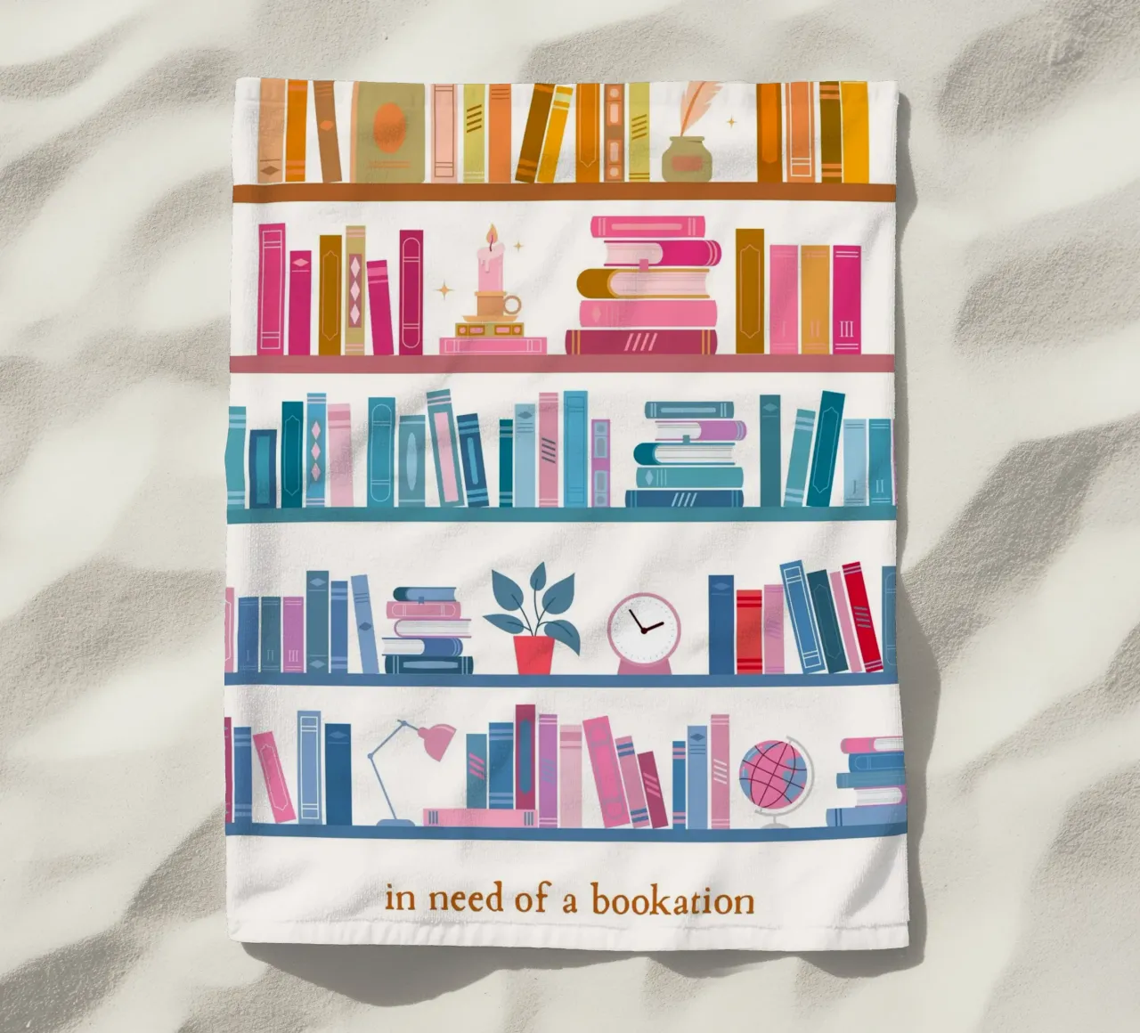"In Need of a Bookation" - Colorful Bookshelf Art Print beach towel by vintagepod