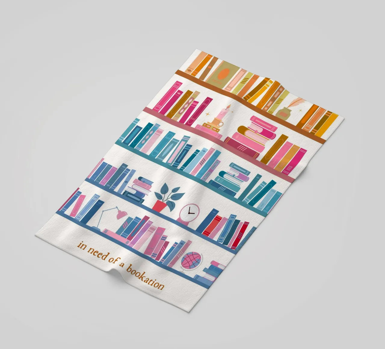 "In Need of a Bookation" - Colorful Bookshelf Art Print beach towel by vintagepod