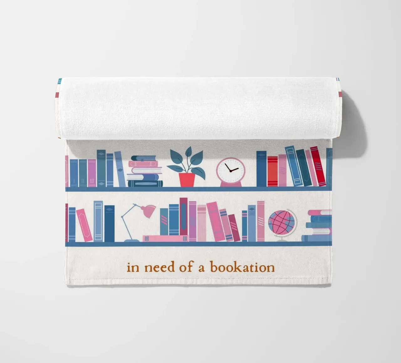 "In Need of a Bookation" - Colorful Bookshelf Art Print beach towel by vintagepod