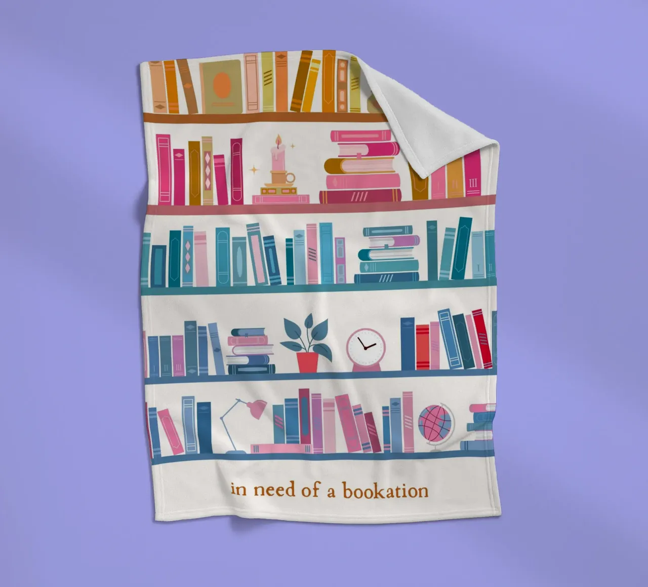 "In Need of a Bookation" - Colorful Bookshelf Art Print fleece blanket by vintagepod