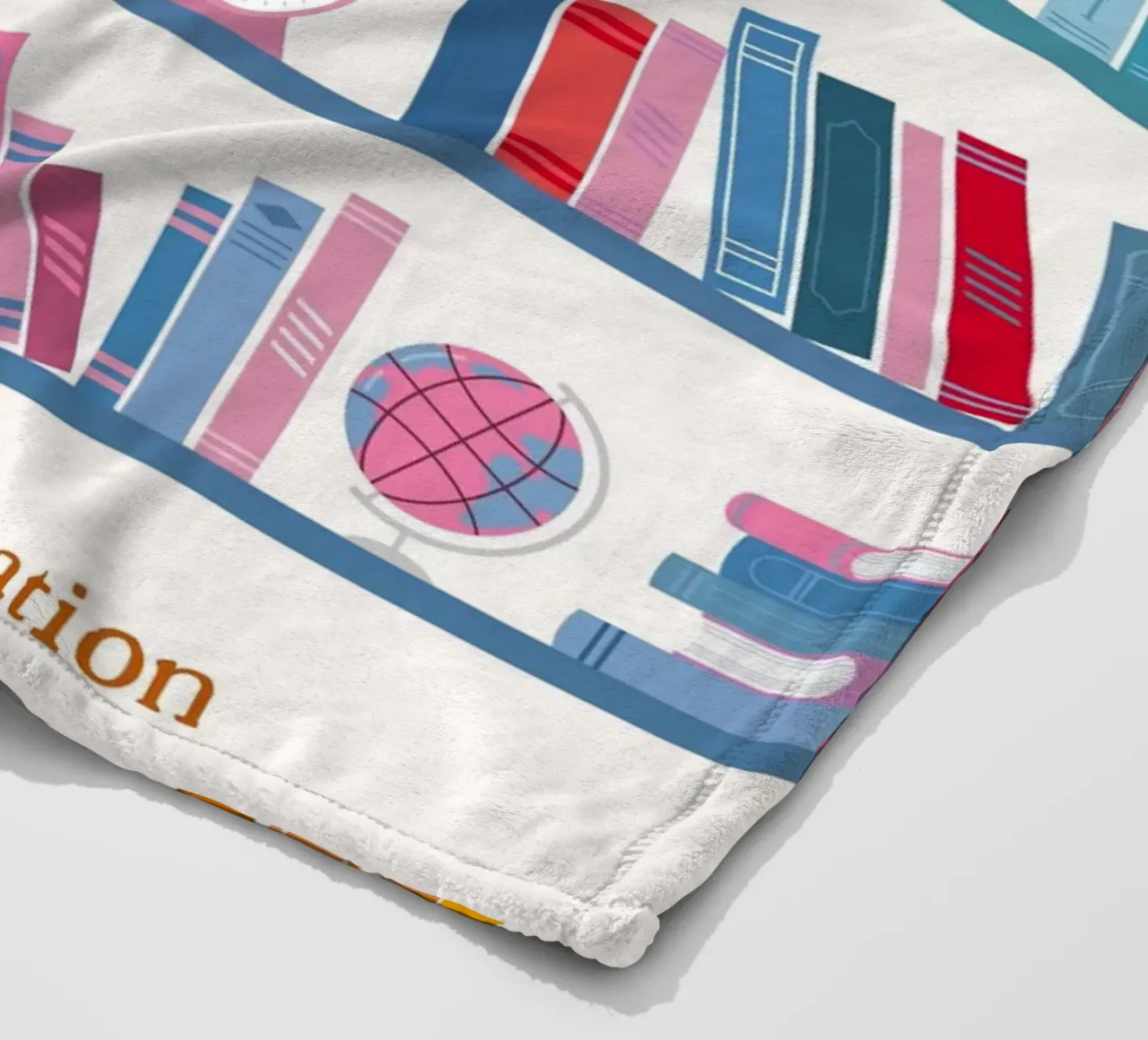"In Need of a Bookation" - Colorful Bookshelf Art Print fleece blanket by vintagepod