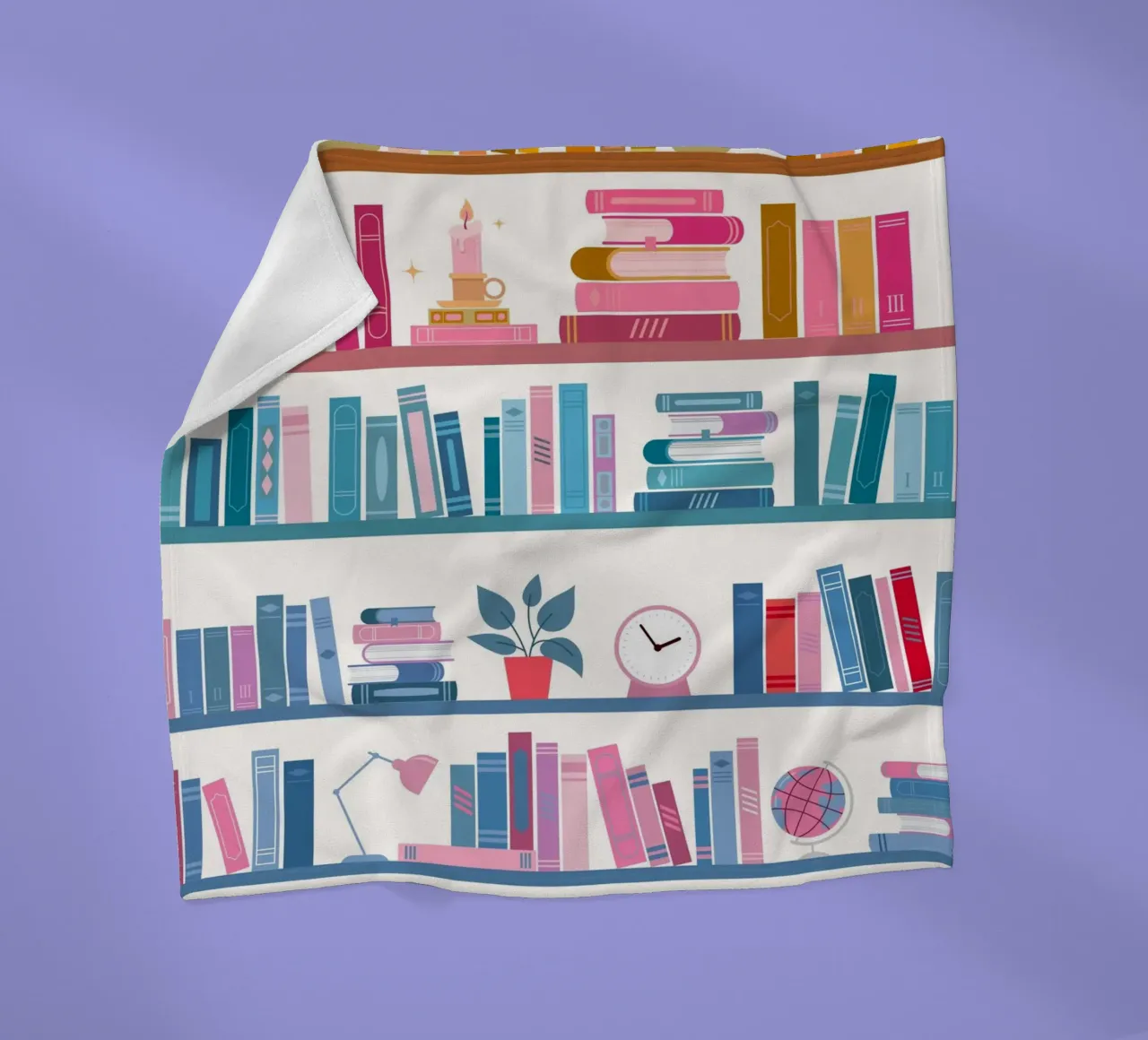 "In Need of a Bookation" - Colorful Bookshelf Art Print fleece blanket by vintagepod