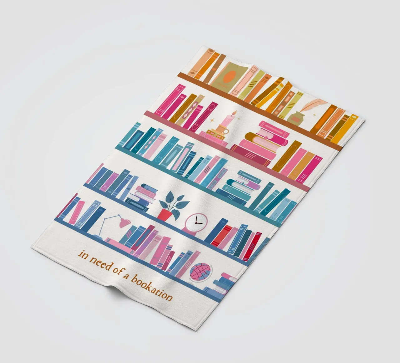"In Need of a Bookation" - Colorful Bookshelf Art Print fleece blanket by vintagepod