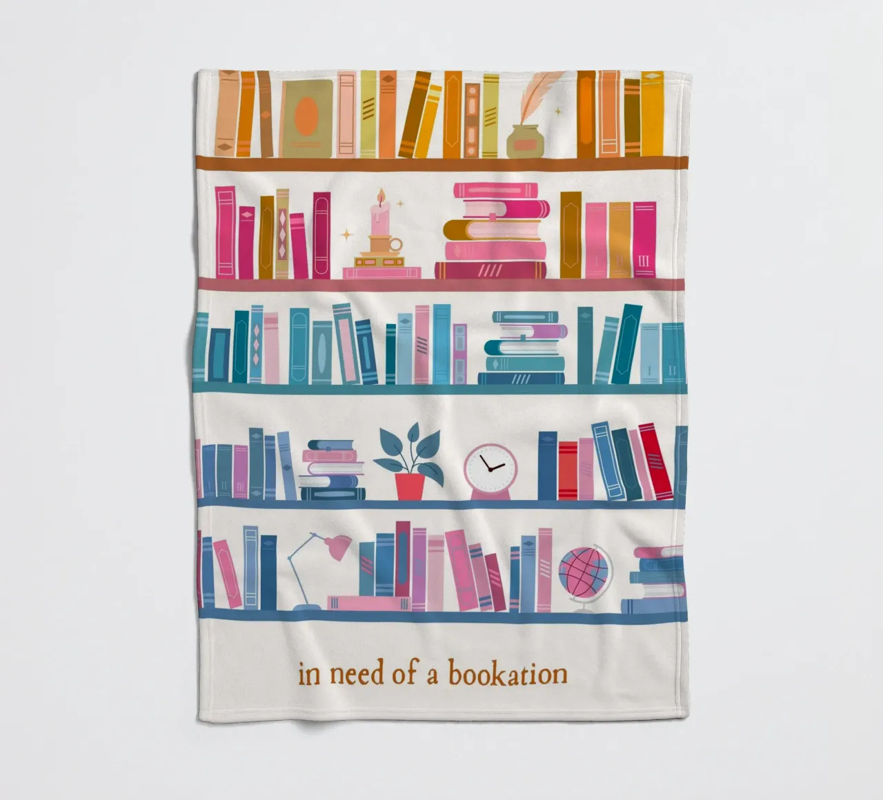 "In Need of a Bookation" - Colorful Bookshelf Art Print fleece blanket by vintagepod