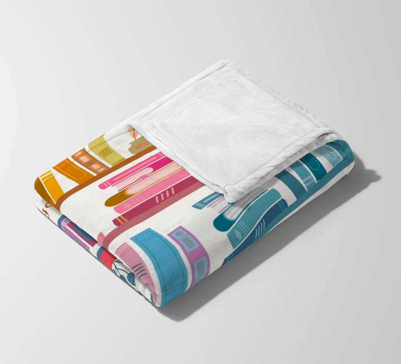 "In Need of a Bookation" - Colorful Bookshelf Art Print fleece blanket by vintagepod