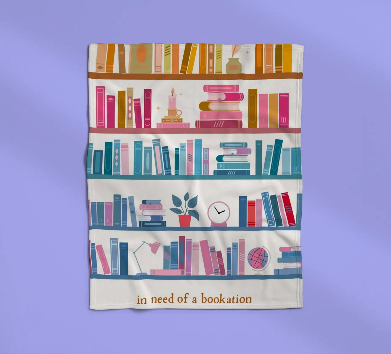 "In Need of a Bookation" - Colorful Bookshelf Art Print fleece blanket by vintagepod