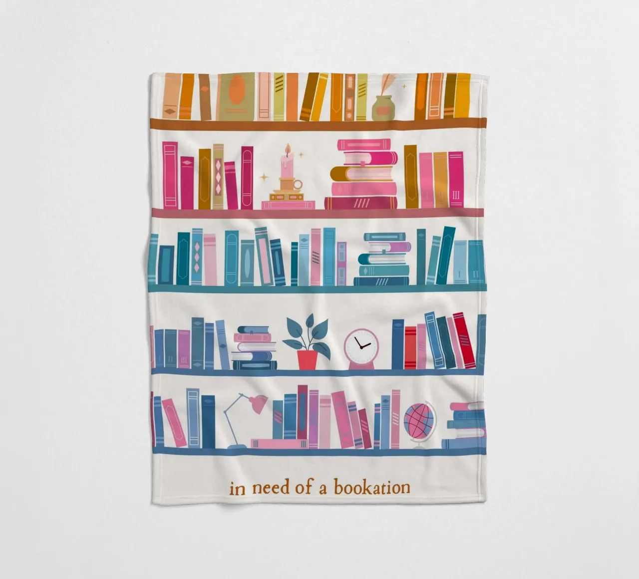 "In Need of a Bookation" - Colorful Bookshelf Art Print fleece blanket by vintagepod
