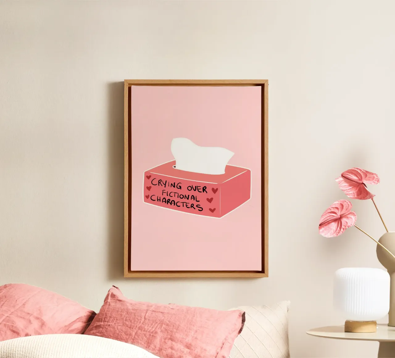 "Crying Over Fictional Characters" - Pink Art Print canvas with Floater frame by vintagepod