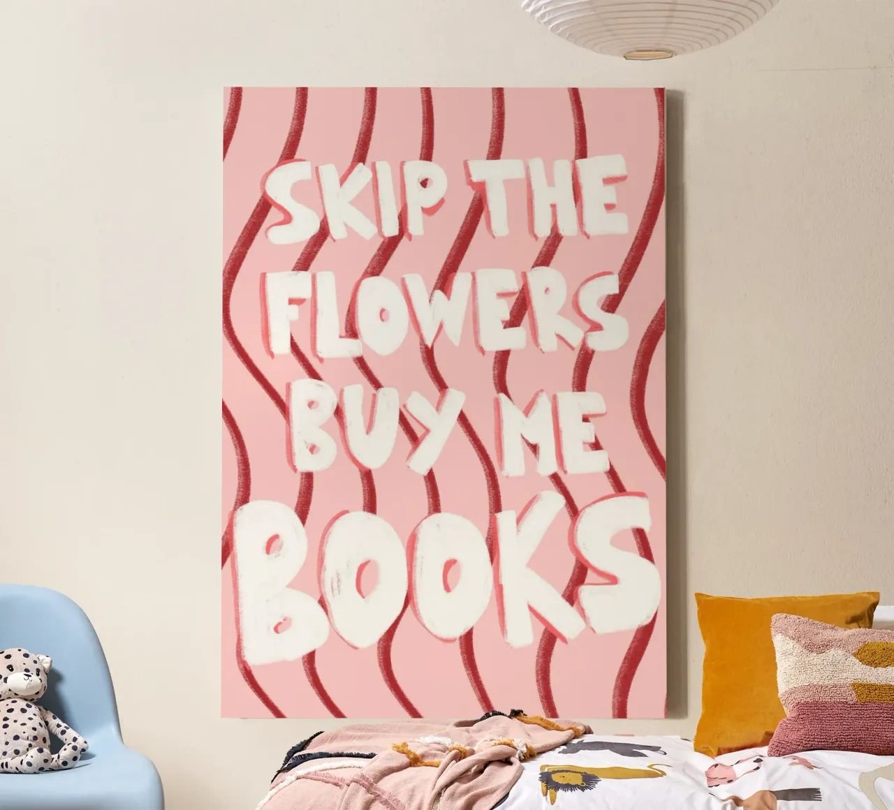 "Skip the Flowers, Buy Me Books" - Bold Art Print canvas with Floater frame by vintagepod