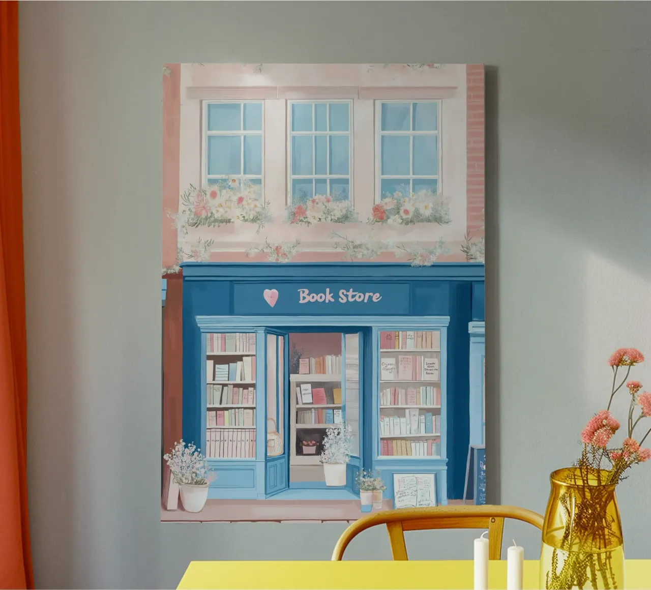 Pastel Bookstore with Flower Boxes - Charming Art Print canvas with Floater frame by vintagepod
