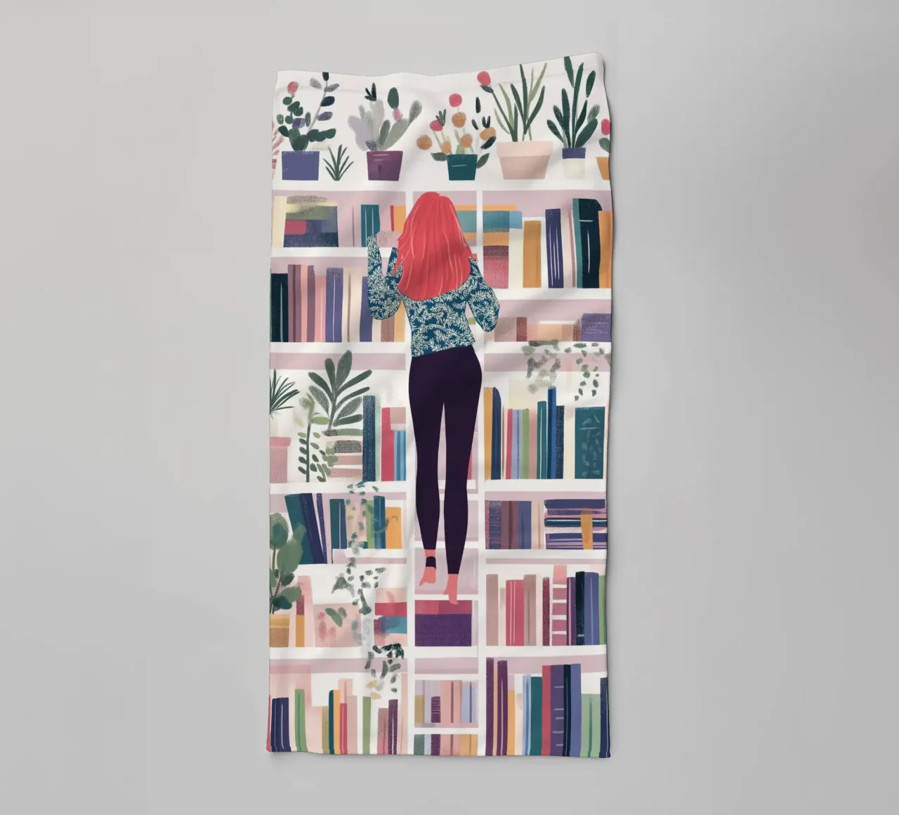 Girl on a Bookshelf - Colorful Library Art Print towel by vintagepod
