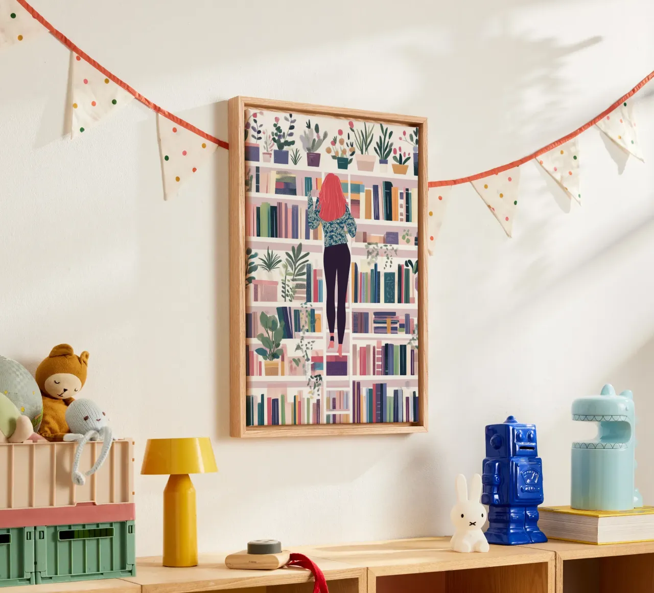Girl on a Bookshelf - Colorful Library Art Print canvas with Floater frame by vintagepod