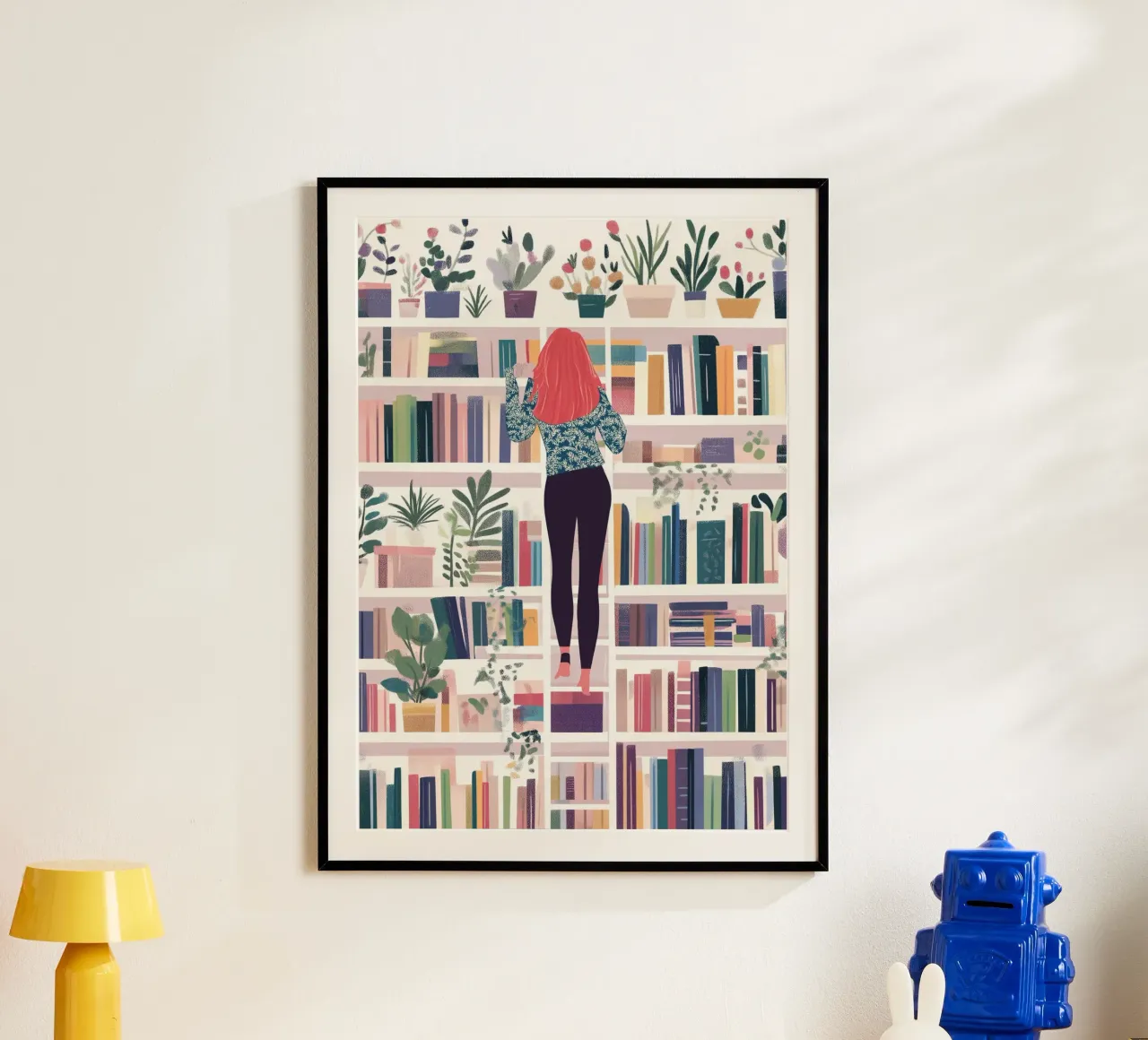 Ragazza su uno scaffale - Stampa d'arte colorata della biblioteca poster con telaio in legno da vintagepod