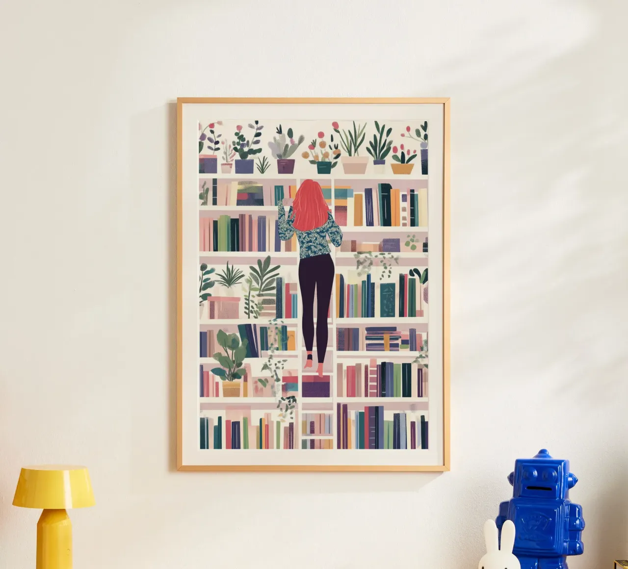 Ragazza su uno scaffale - Stampa d'arte colorata della biblioteca poster con telaio in legno da vintagepod