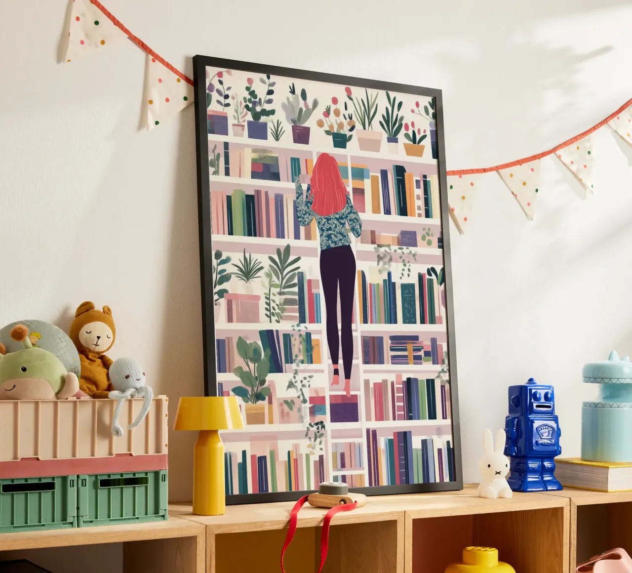 Ragazza su uno scaffale - Stampa d'arte colorata della biblioteca poster con telaio in legno da vintagepod