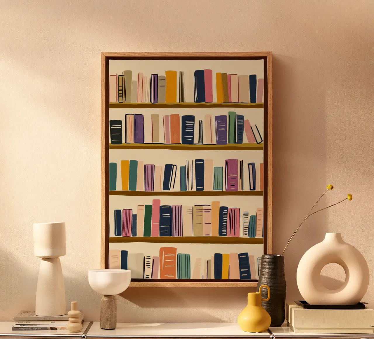 Colorful Bookshelf - Abstract Folk Art Print canvas with Floater frame by vintagepod