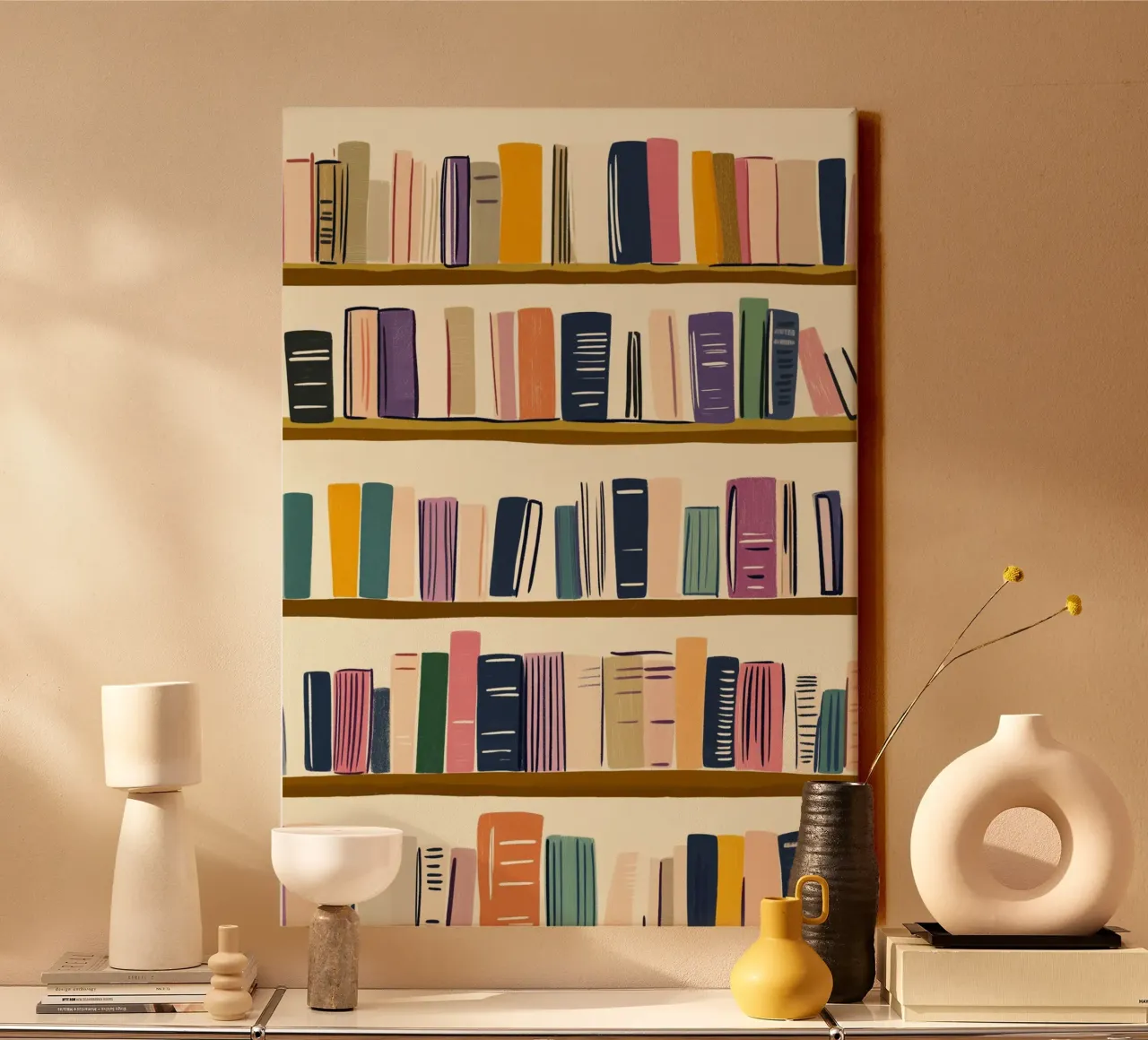 Colorful Bookshelf - Abstract Folk Art Print canvas with Floater frame by vintagepod