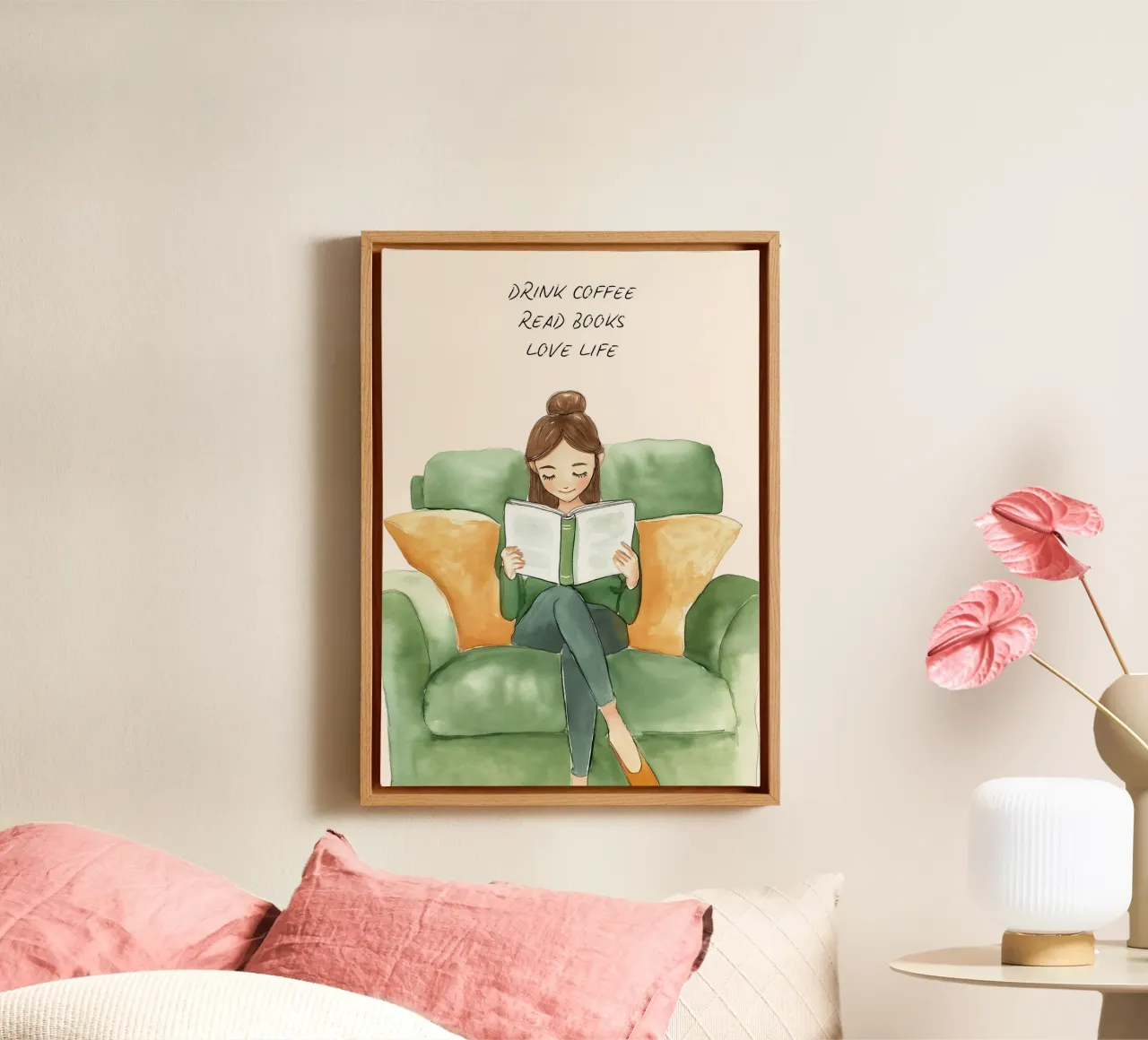 "Kaffee trinken, Bücher lesen, das Leben lieben" - Gemütliche Aquarellpost Leinwand mit Schattenfugenrahmen von vintagepod