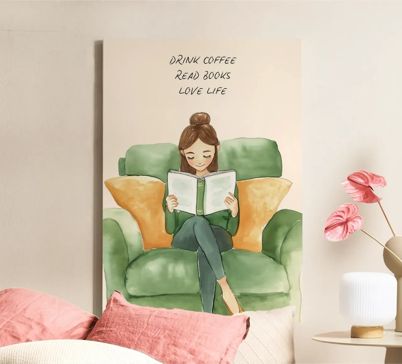 "Kaffee trinken, Bücher lesen, das Leben lieben" - Gemütliche Aquarellpost Leinwand mit Schattenfugenrahmen von vintagepod