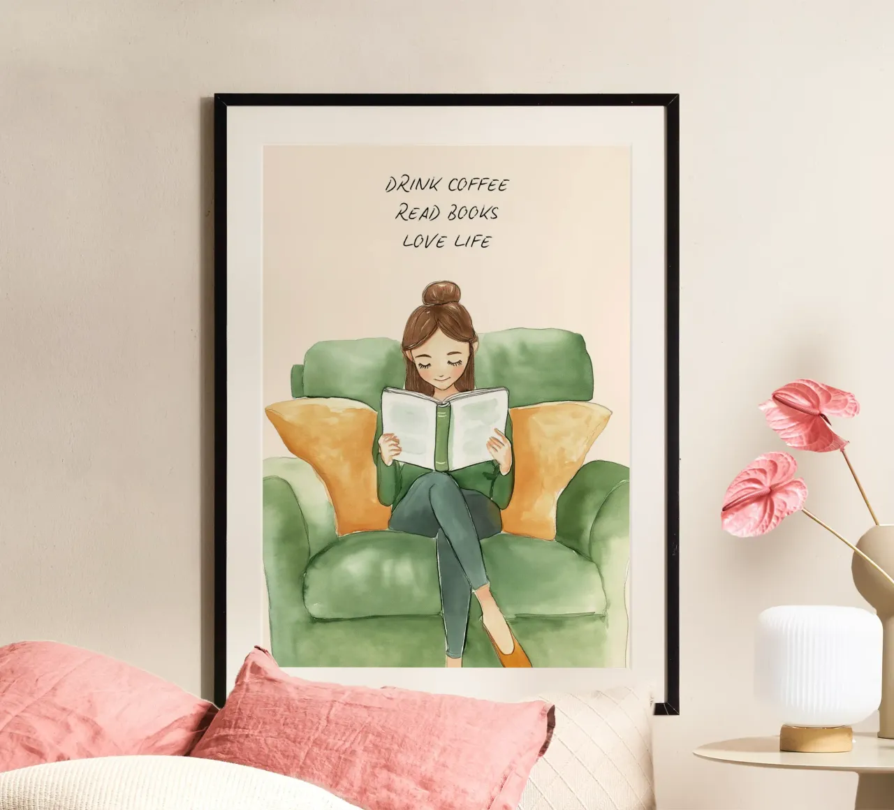 "Kaffee trinken, Bücher lesen, das Leben lieben" - Gemütliche Aquarellpost Poster von vintagepod