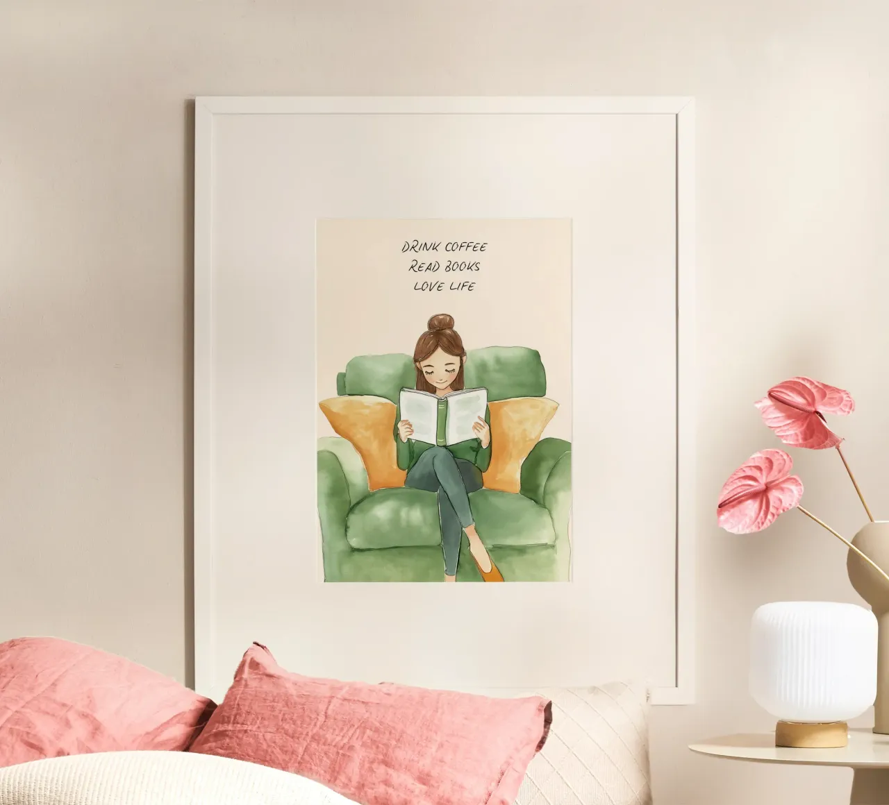 "Kaffee trinken, Bücher lesen, das Leben lieben" - Gemütliche Aquarellpost Poster von vintagepod