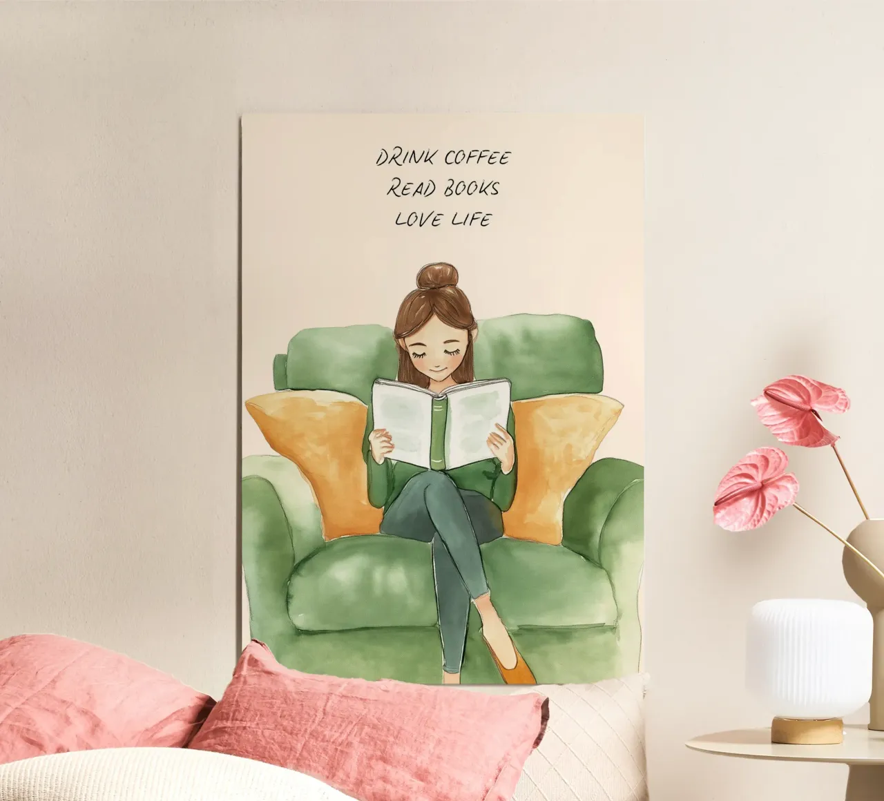 "Kaffee trinken, Bücher lesen, das Leben lieben" - Gemütliche Aquarellpost Poster von vintagepod