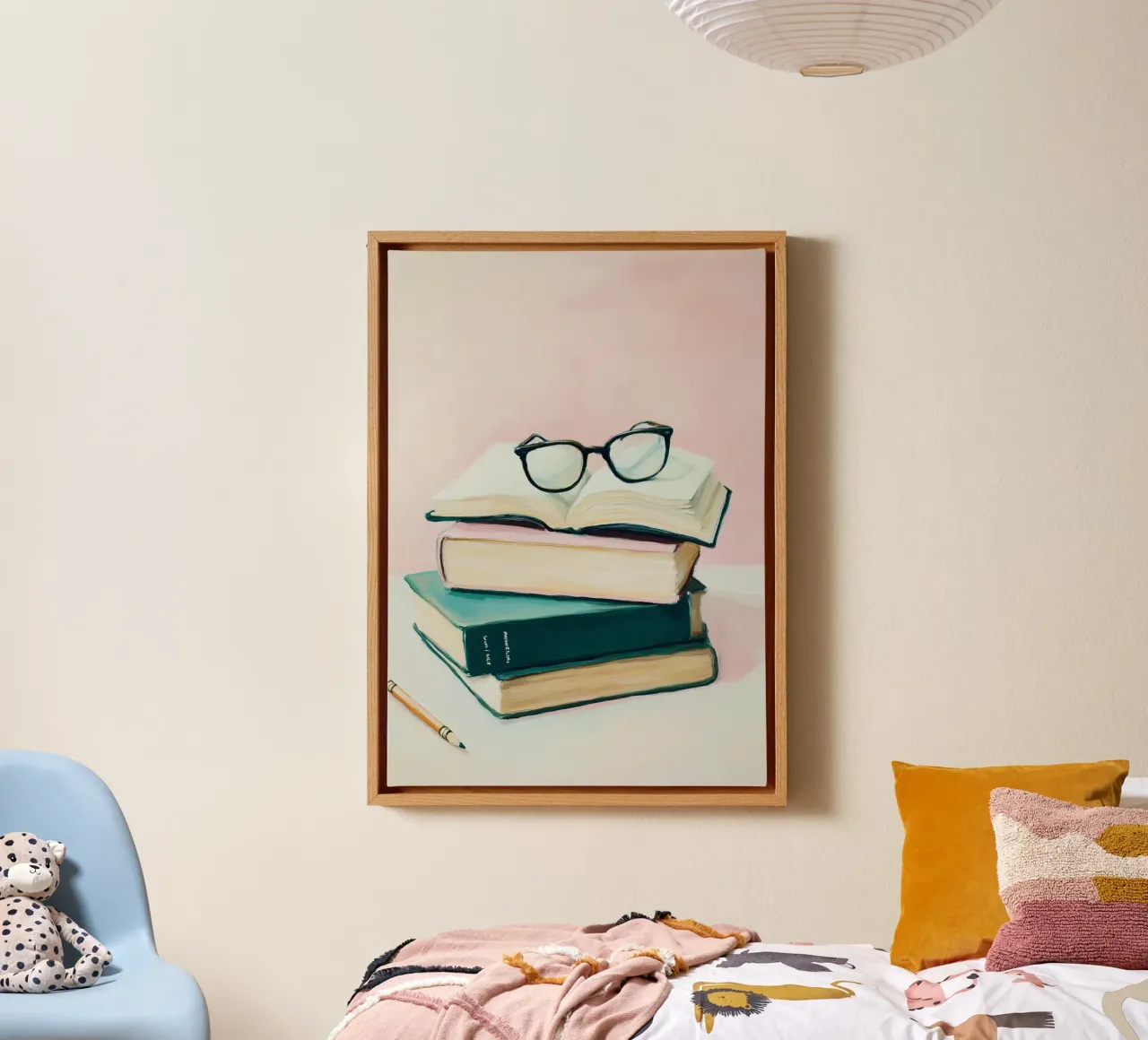 Stack of Books with Glasses - Modern Still Life Painting canvas with Floater frame by vintagepod