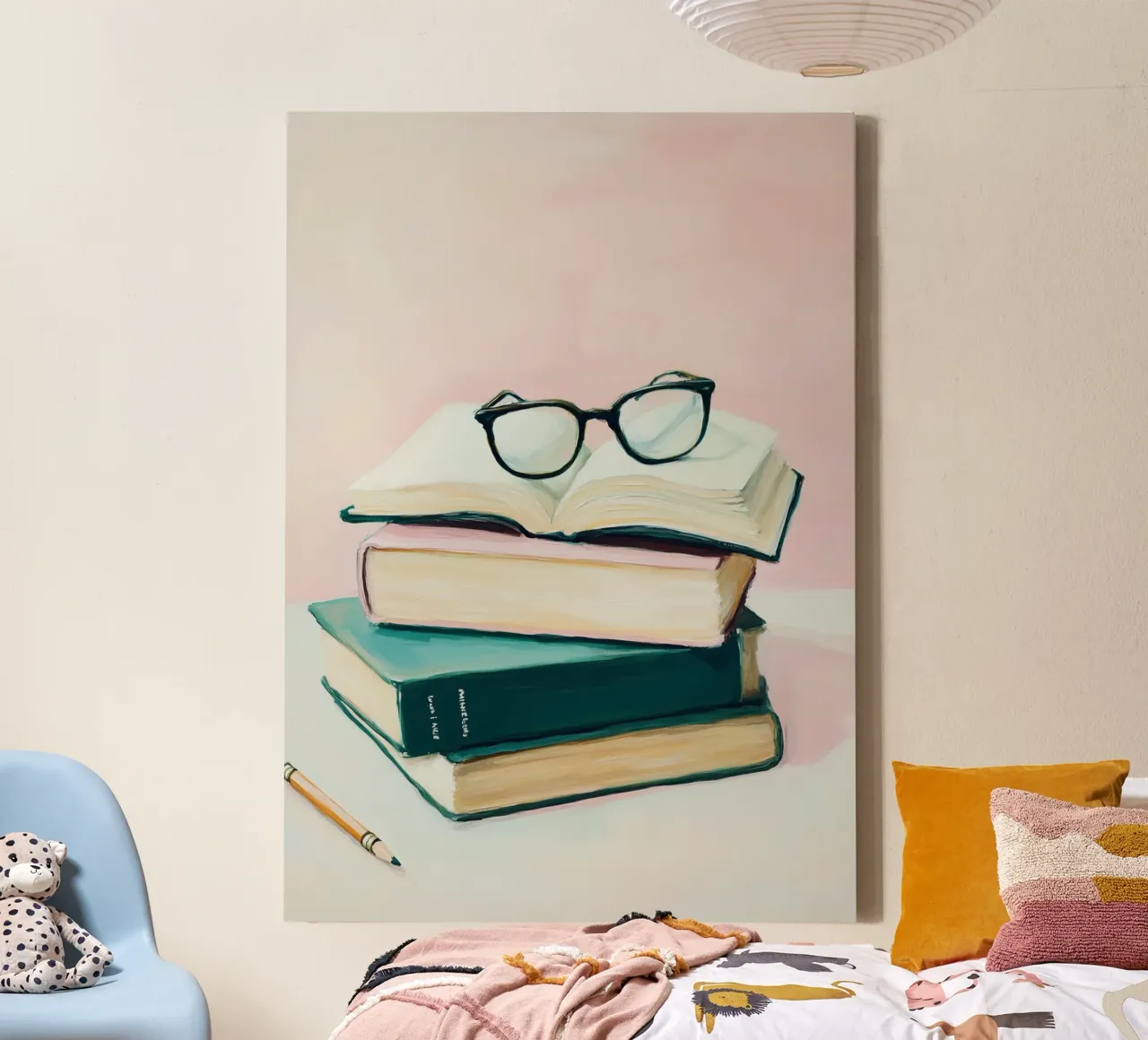 Stack of Books with Glasses - Modern Still Life Painting canvas with Floater frame by vintagepod