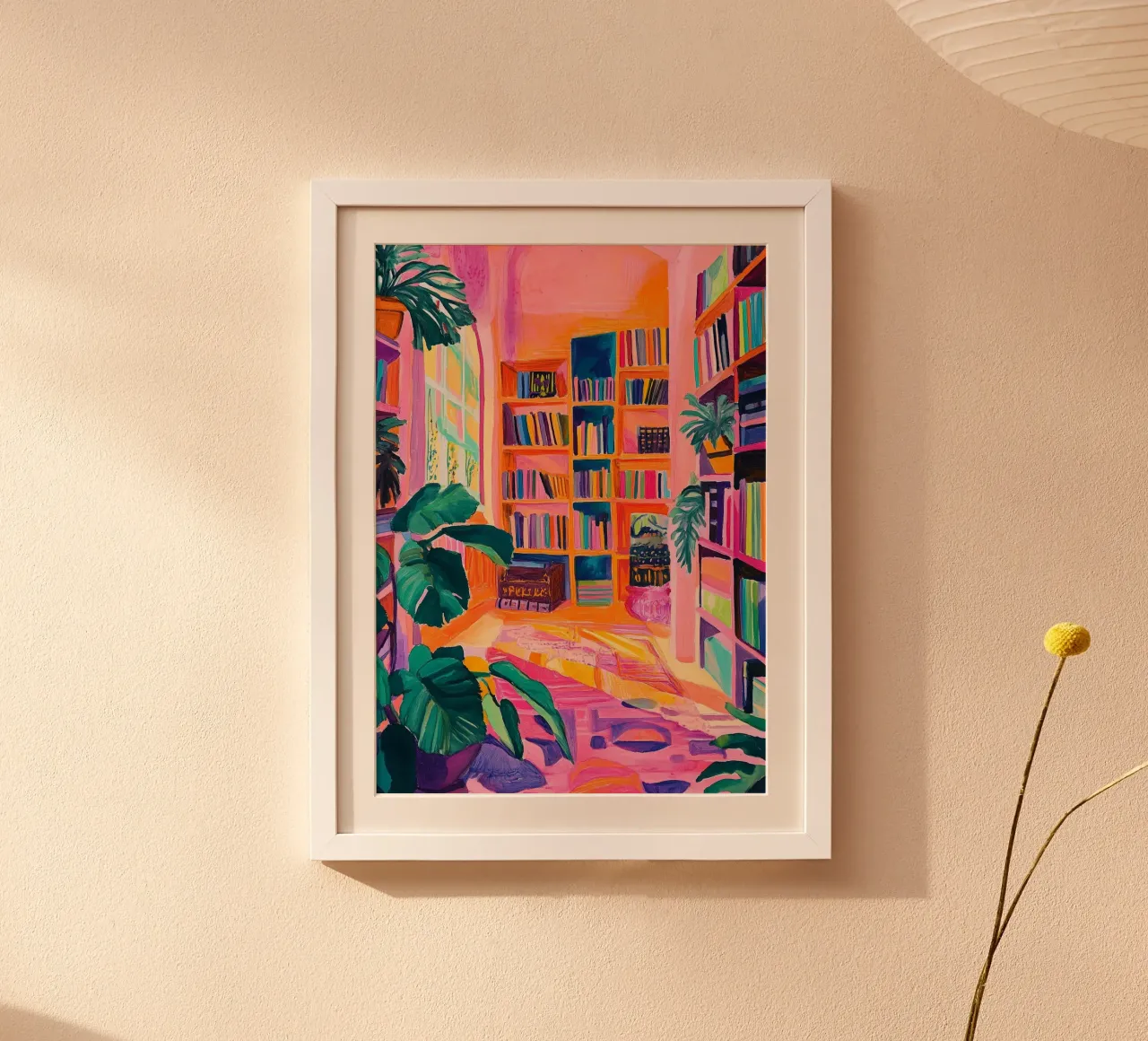 Vibrant Library with Plants - Colorful Folk Art Print poster by vintagepod