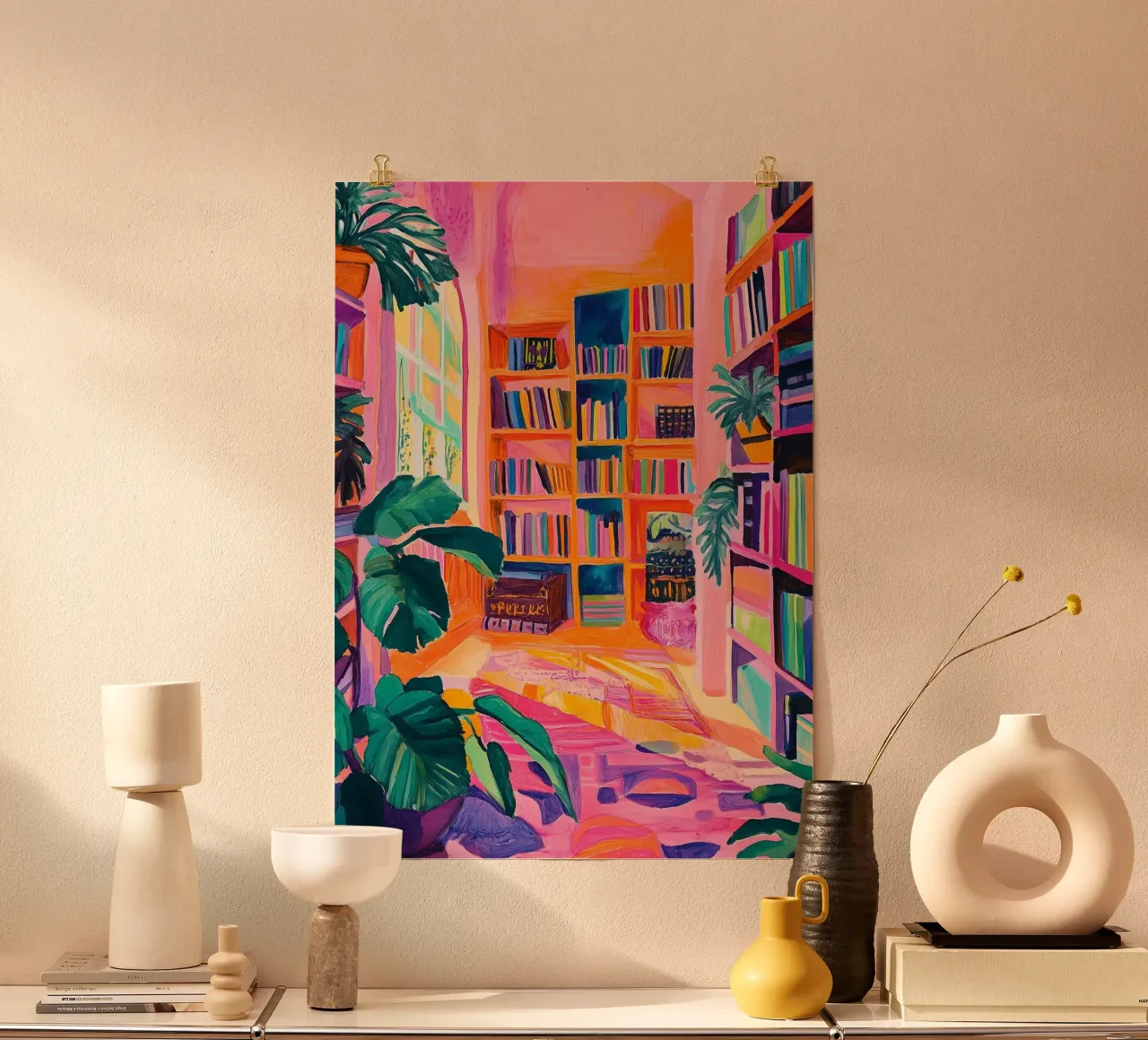 Vibrant Library with Plants - Colorful Folk Art Print poster by vintagepod
