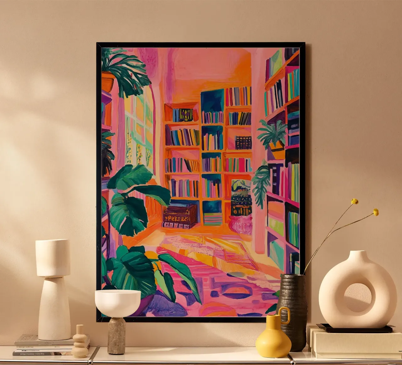 Vibrant Library with Plants - Colorful Folk Art Print poster by vintagepod