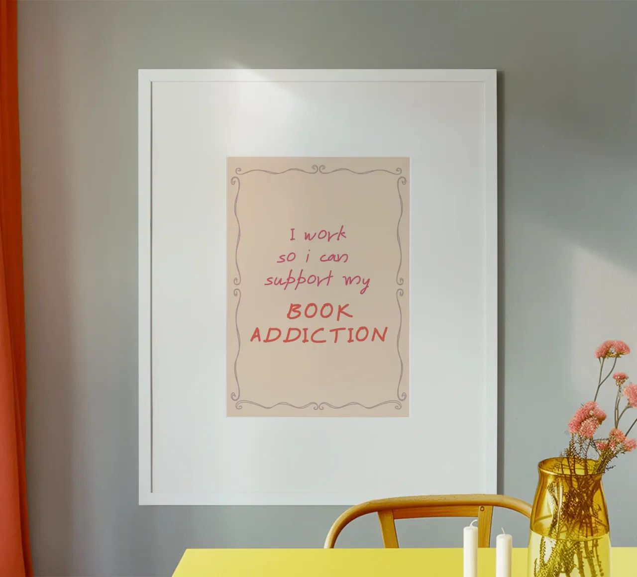 "Trabajo para poder mantener mi adicción a los libros" - Cartel rosa poster con marco de aluminio de vintagepod