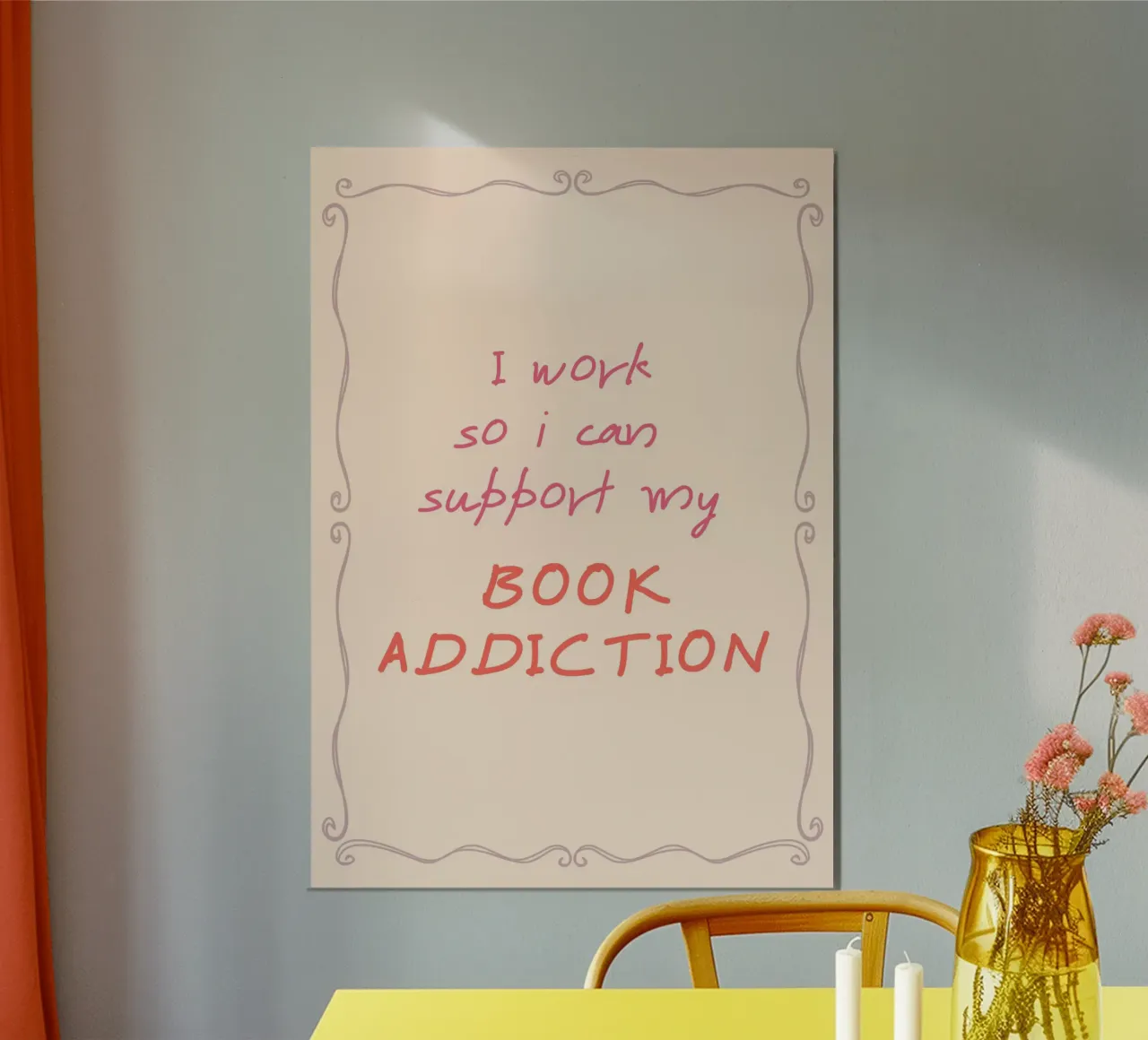 "Trabajo para poder mantener mi adicción a los libros" - Cartel rosa poster con marco de aluminio de vintagepod