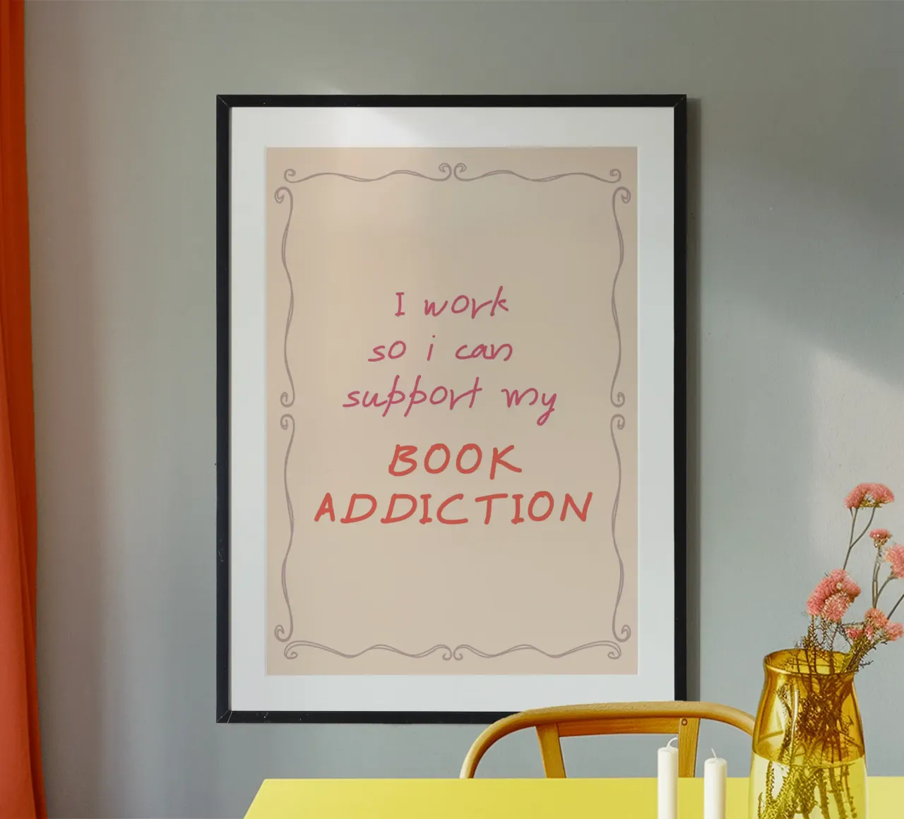 "Trabajo para poder mantener mi adicción a los libros" - Cartel rosa poster con marco de aluminio de vintagepod