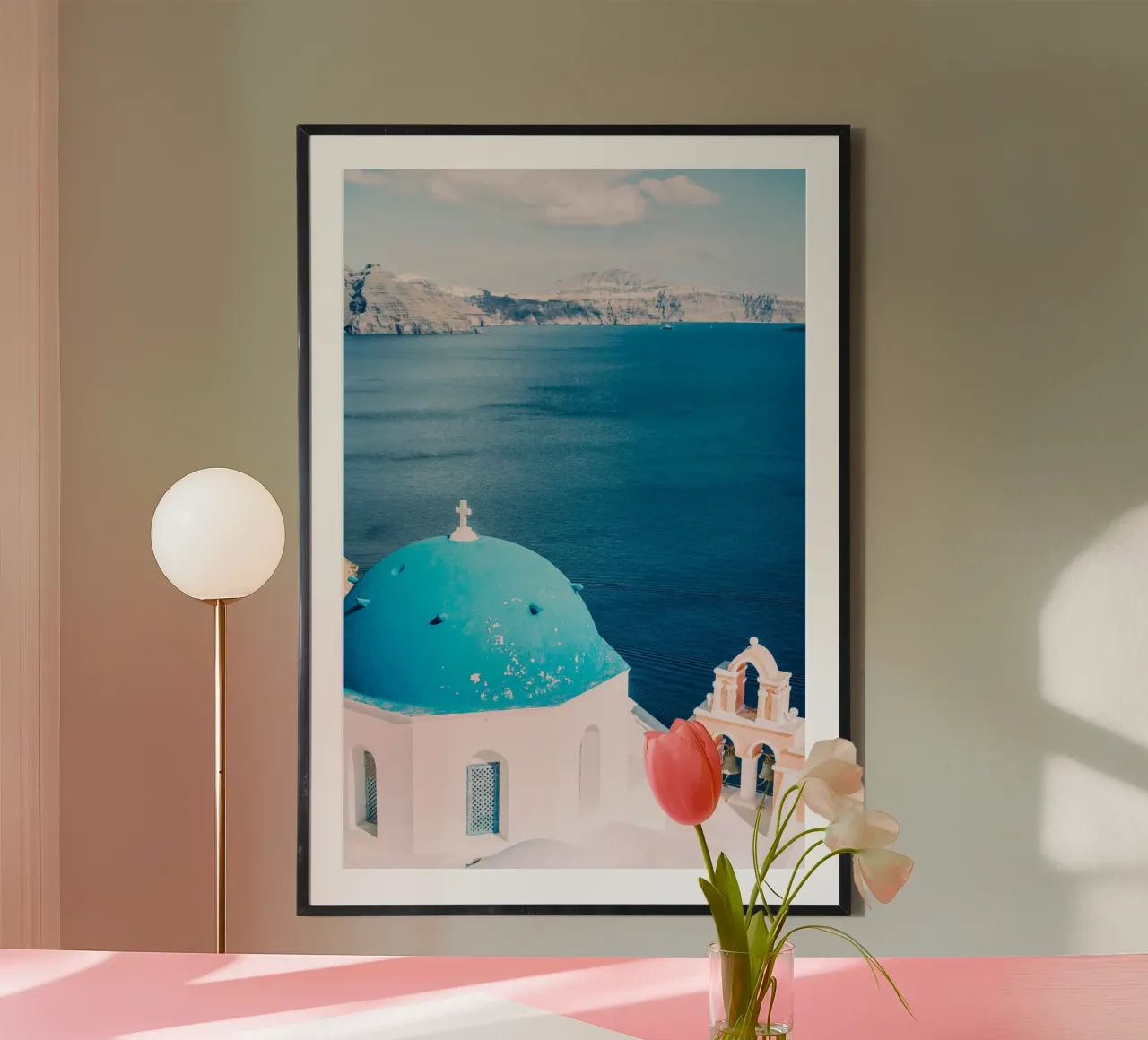White and blue church in Santorini | sea view in Greece poster da patiphotography