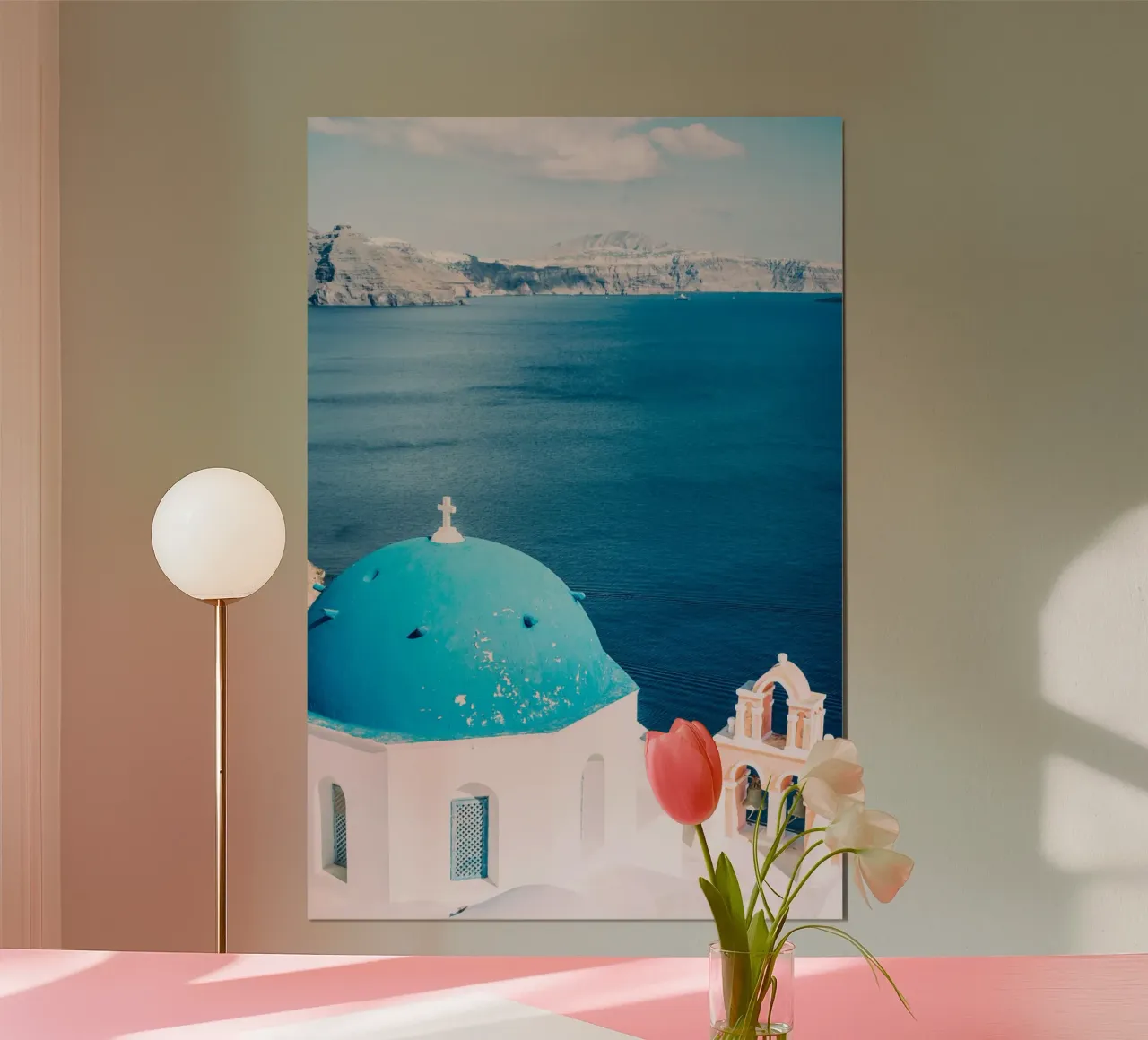 White and blue church in Santorini | sea view in Greece poster da patiphotography