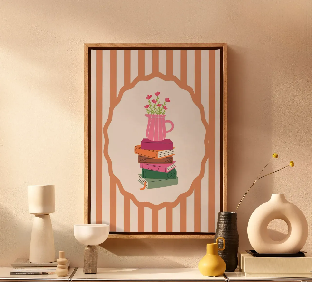 Stack of Books with Flowers - Cozy Pink Art Print canvas with Floater frame by vintagepod