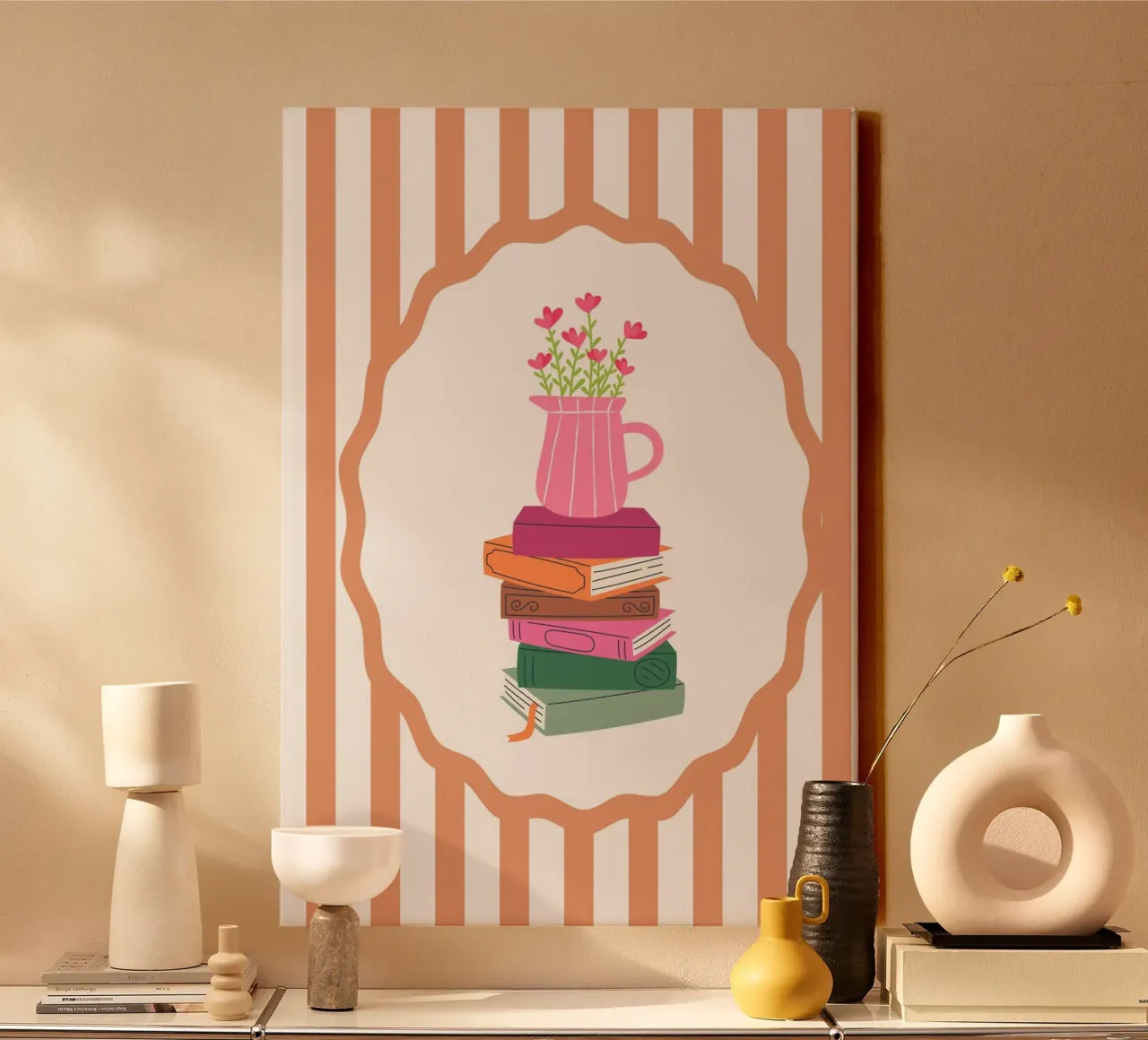Stack of Books with Flowers - Cozy Pink Art Print canvas with Floater frame by vintagepod