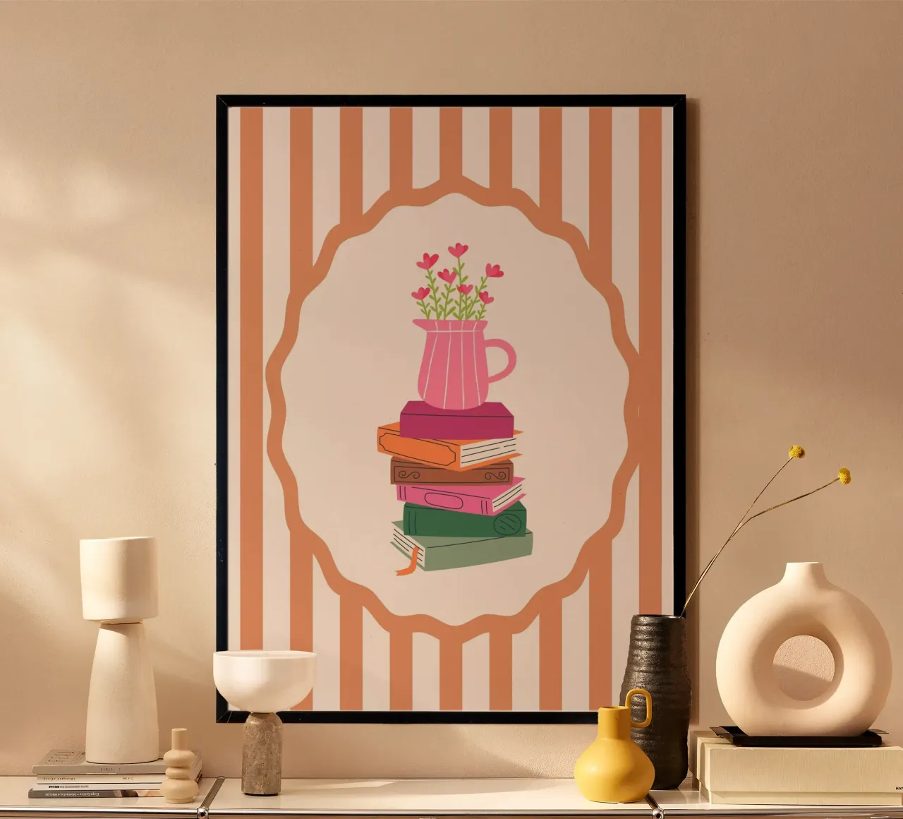 Stack of Books with Flowers - Cozy Pink Art Print poster by vintagepod