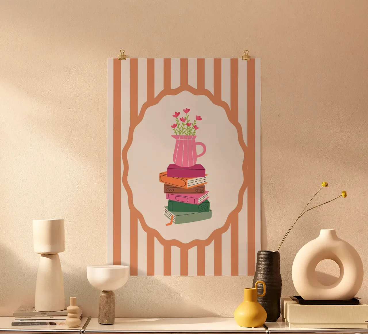Stack of Books with Flowers - Cozy Pink Art Print poster by vintagepod